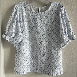 Blue Floral Pintuck Puff-Sleeve Women’s Top